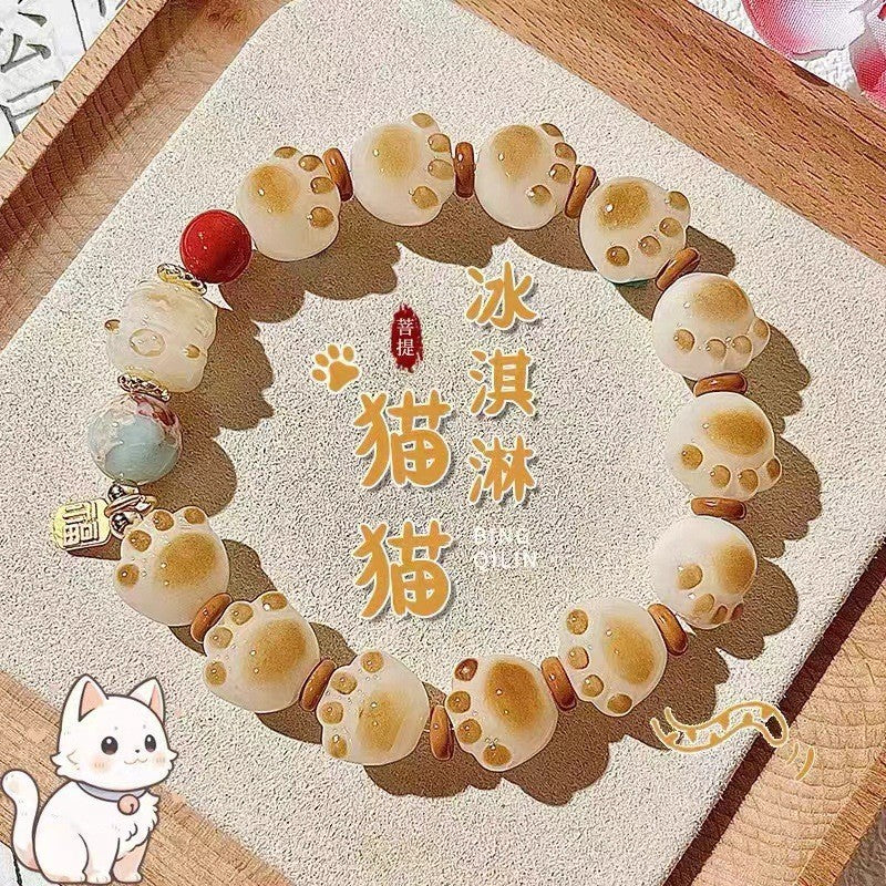 Little Red Book Explosive Style National Style Lucid Cat Beaded Bracelet Charcoal Burned Cat Claw Imitation White Jade Bodhi Light Luxury for Niche Students