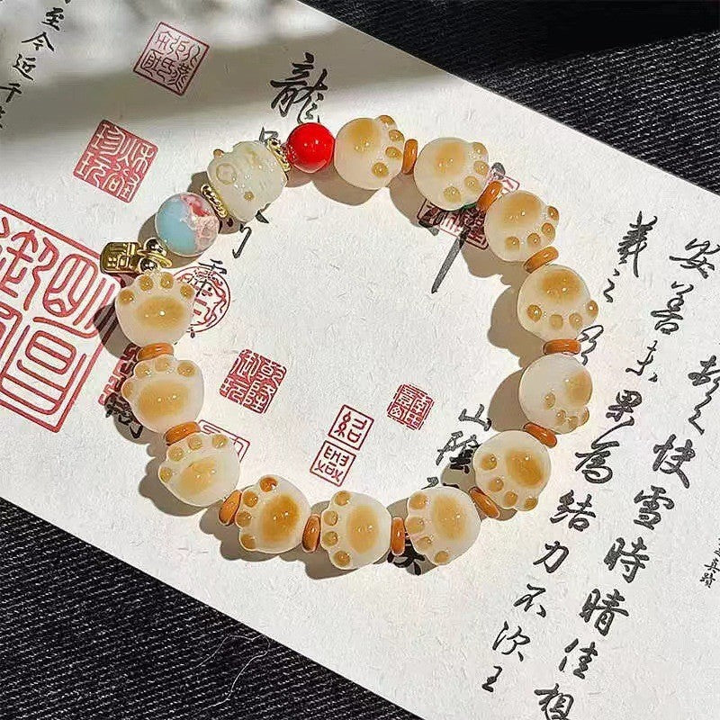 Little Red Book Explosive Style National Style Lucid Cat Beaded Bracelet Charcoal Burned Cat Claw Imitation White Jade Bodhi Light Luxury for Niche Students